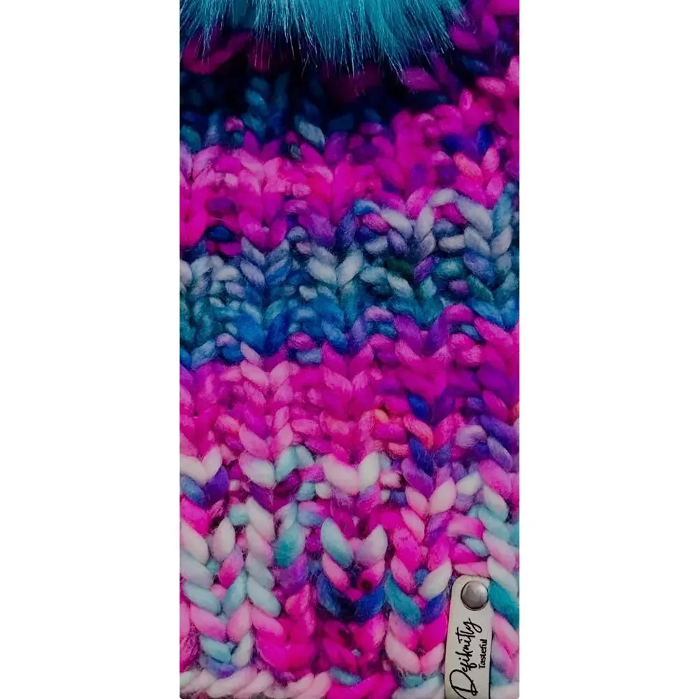 Hand Knit Scrappy Merino Wool Beanie: DefiKnitly Tasteful Knit Hat with Faux Fur